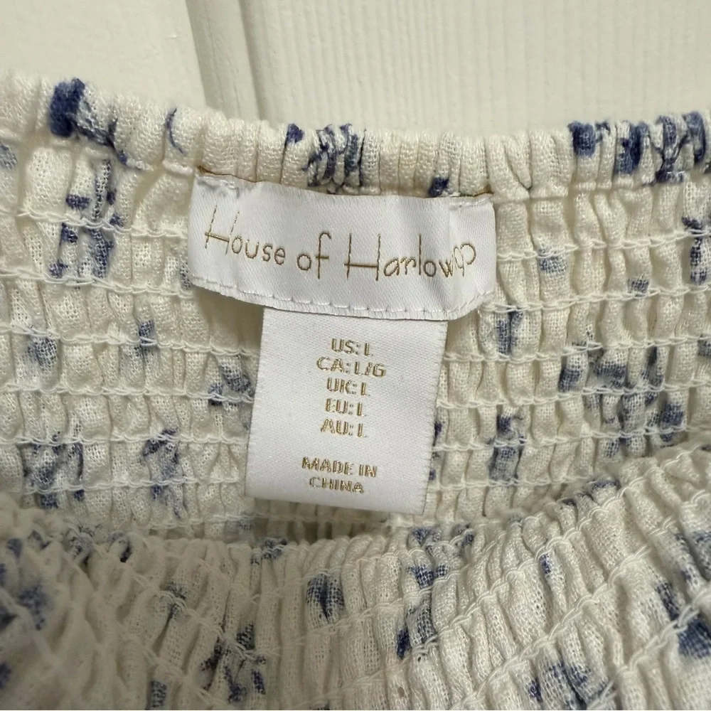 HOUSE OF HARLOW Women’s Floral Smocked Linen Blend Midi Dress White/Blue Size L